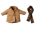 A miniature brown wool coat with faux fur trim and a wooden button, shown next to a matching brown and beige plaid scarf on a white background.