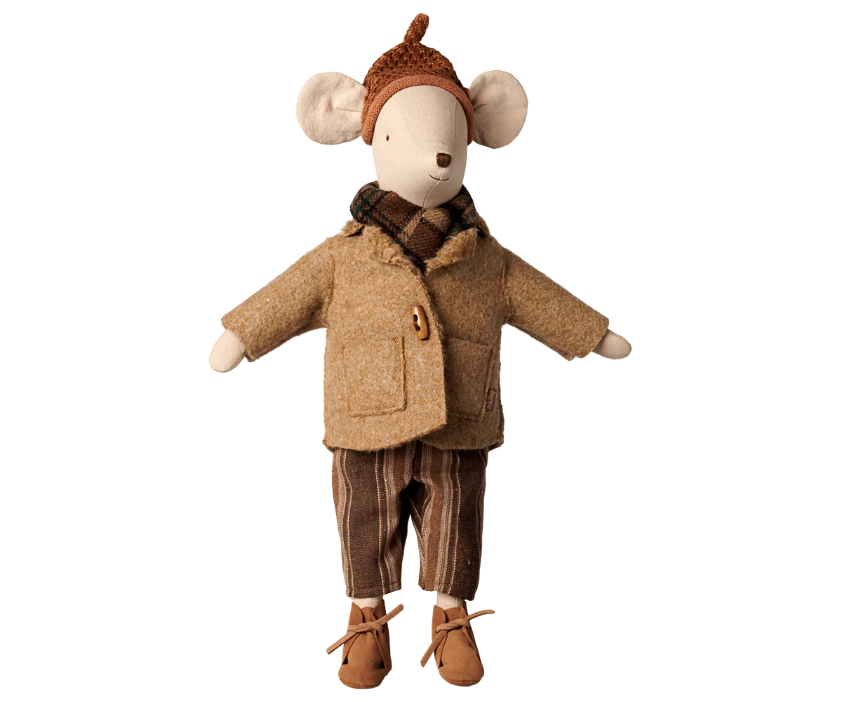 A plush mouse doll dressed in a brown tweed jacket, striped brown pants, a plaid scarf, and a brown acorn hat, isolated on a white background.