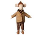 A plush mouse doll dressed in a brown tweed jacket, striped brown pants, a plaid scarf, and a brown acorn hat, isolated on a white background.