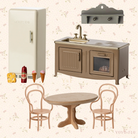 Collage of miniature kitchen furniture including a refrigerator, sink, stove, table, and chairs on a floral wallpaper background.
