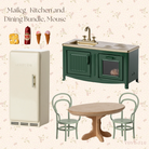 Collage of miniature kitchen and dining set with refrigerator, stove, table, and chairs on a floral background.