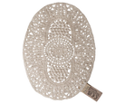 An oval cream-colored crocheted placemat with an intricate lace-like openwork pattern, shown on a plain white background with a small paper tag attached.