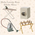 Collage of laundry room items including an ironing board, dryer, vacuum cleaner, and clothespin rack on a floral background.