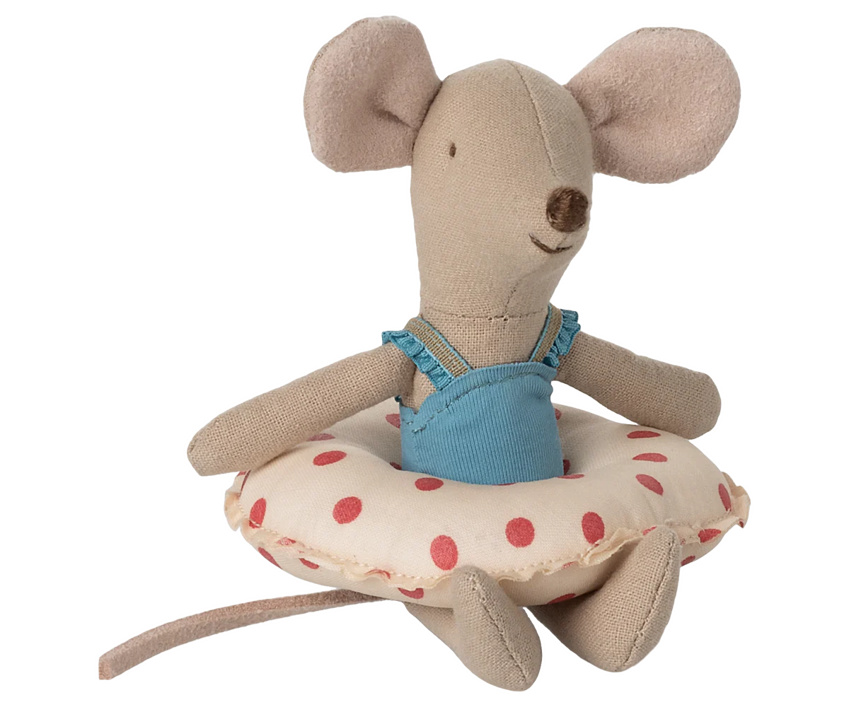 Maileg Little Sister Beach Mouse with Float, Red Dot 
