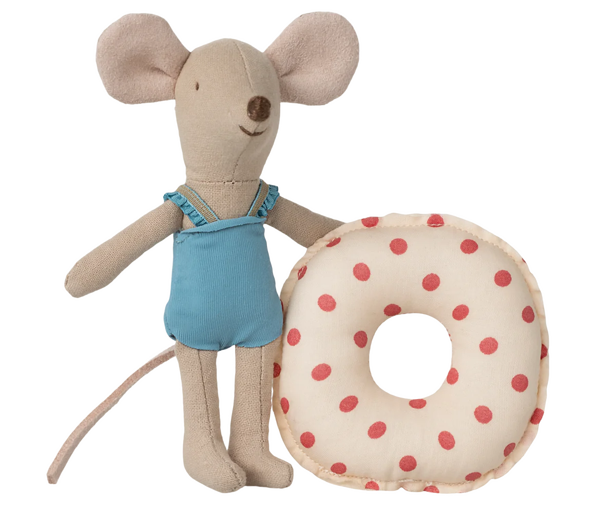 Maileg Little Sister Beach Mouse with Float, Red Dot 