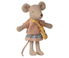 Stuffed maileg mouse toy wearing a striped dress and yellow bag on a white background