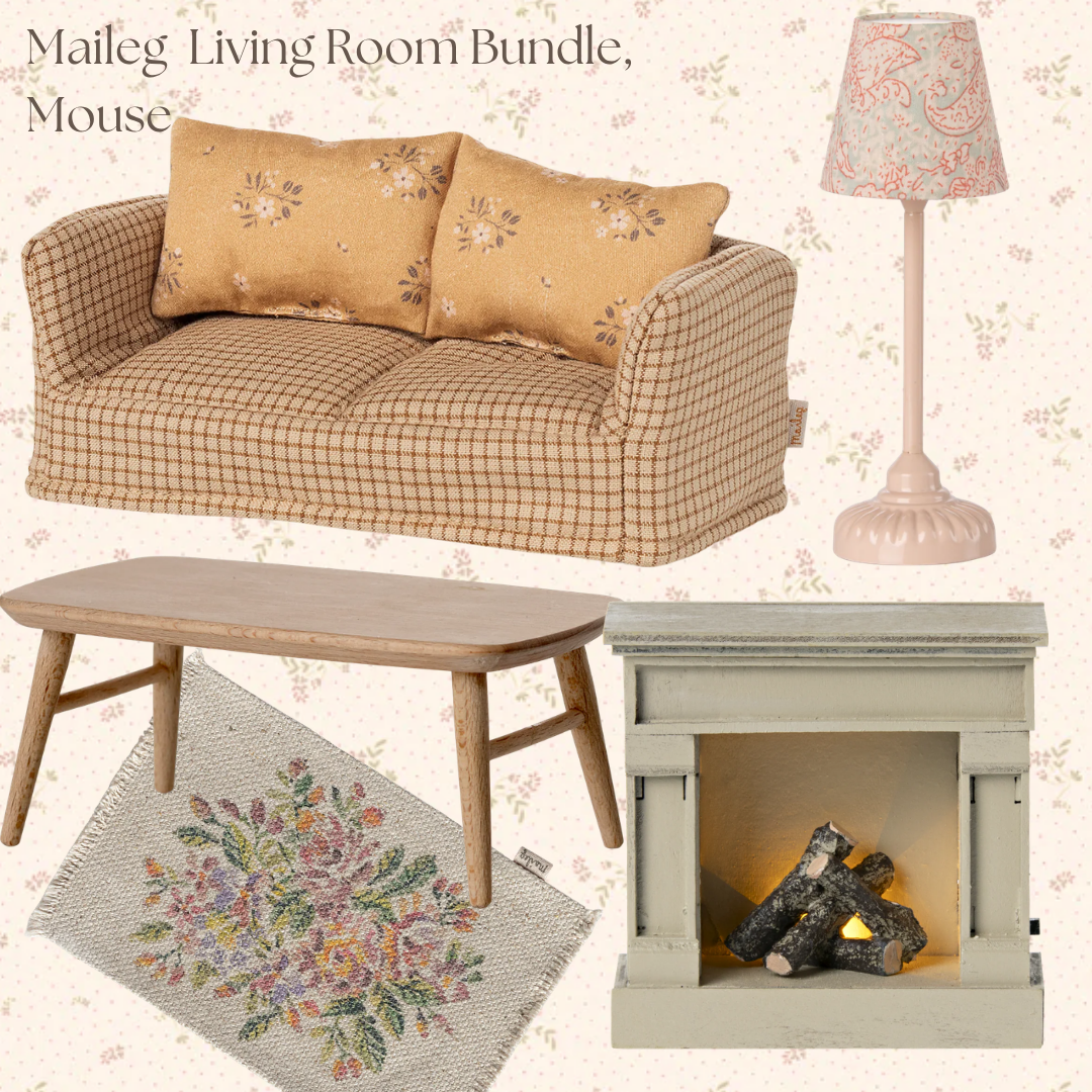Collage of living room furniture including a sofa, coffee table, rug, and fireplace with decorative elements.