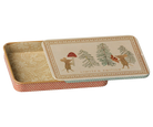 A rectangular decorative tin with its lid propped open, featuring a vintage-style illustration of two mice among pine trees on the lid, with the words 'LIMITED EDITION' printed near the bottom. The interior has a beige damask pattern, and the outer edge of the tin has a muted coral-red and cream checkered pattern.