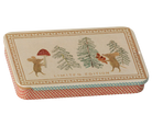 A rectangular metal tin with rounded corners, featuring a vintage-style illustration of two small mice among pine trees and a red mushroom on the lid, with 'LIMITED EDITION' printed below. The tin has a cream background with a patterned border and a red, beige, and light blue patterned base.