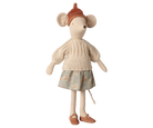 A plush mouse doll wearing a cream knit sweater, a dusty blue skirt with a small floral pattern, and a brown knit hat, set against a plain white background.