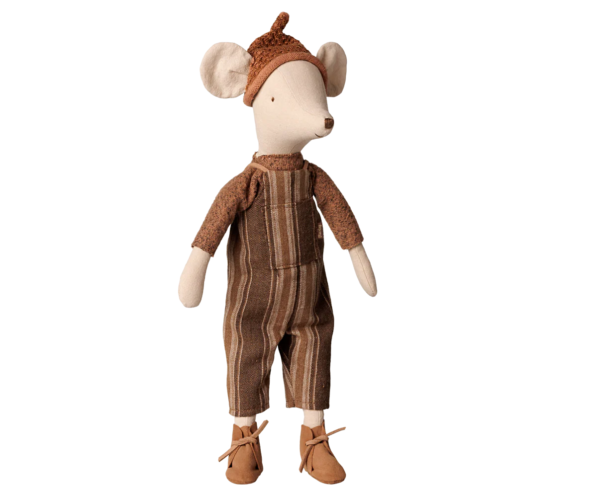 A plush mouse doll wearing brown striped overalls, a matching knit hat, and small brown shoes, photographed against a plain white background.