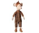 A plush mouse doll wearing brown striped overalls, a matching knit hat, and small brown shoes, photographed against a plain white background.
