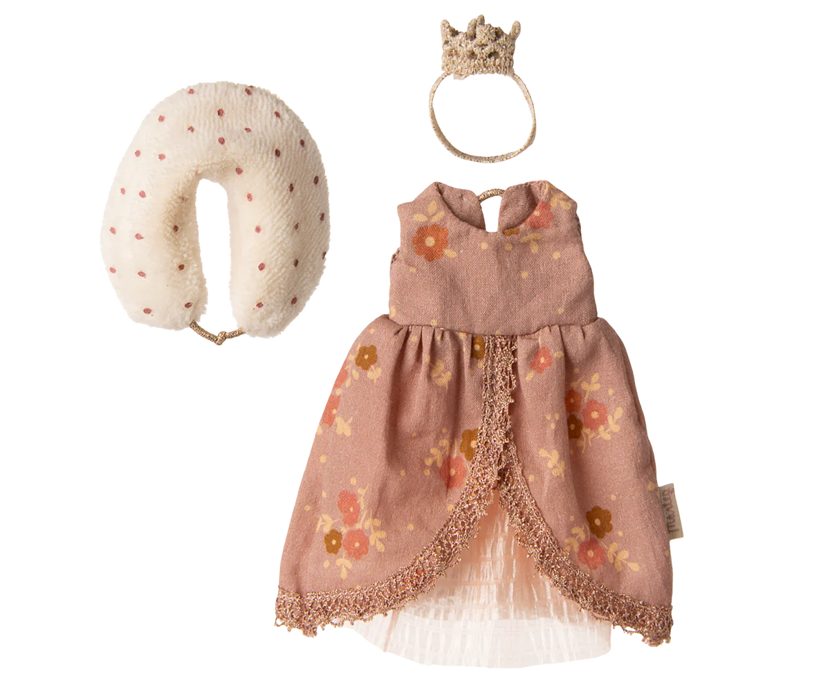 maileg queen mum dress with floral pattern, white headband, and beige pillow on a white background