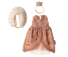 maileg queen mum dress with floral pattern, white headband, and beige pillow on a white background