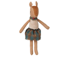 A handmade plush toy of a female deer or antelope doll with tan fabric limbs and head, a cream-colored bodice, and a plaid skirt in teal, brown, and beige tones, set against a plain white background.
