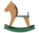 A traditional wooden rocking horse toy with a natural wood body, a teal painted seat, and green rocking base, isolated on a white background.