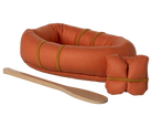 maileg miniature Brown inflatable raft with oar on a white background