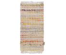 A rectangular woven rug with fringed edges, featuring horizontal stripes of cream, yellow, orange, red, and blue yarn on a white background.