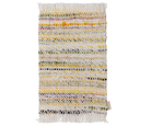 A rectangular woven rug with fringed edges, featuring horizontal stripes of yellow, green, pink, and blue threads on a cream base, shown against a plain white background.
