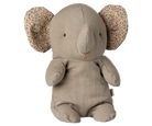 Plush elephant toy with patterned ears on a white background