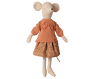 A plush mouse doll with beige fabric skin and ears, wearing a knitted orange sweater and a patterned orange-brown skirt, shown against a plain white background.