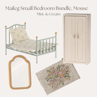 Maileg Small Bedroom Bundle with mint bed, cream wardrobe, mirror, and rug on a white background