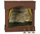 A miniature dollhouse stage set featuring a brown wooden archway backdrop with a painted swan pond scene inside, flanked by gold checkered curtains, with three brass bell stands on a white background.