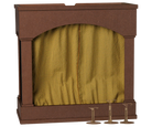 A miniature toy stage set with a brown wooden-looking frame and a yellow-and-black checkered curtain, shown on a plain white background with three small brass bell props at the base.