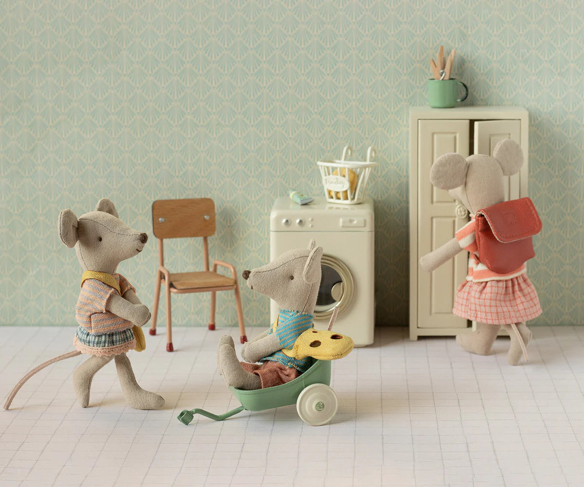Maileg Tricycle Mice in dolls house setting
