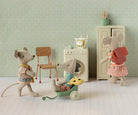 Maileg Tricycle Mice in dolls house setting
