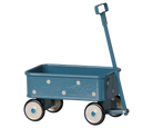 A vintage-style metal toy wagon in a muted teal blue color, decorated with white polka dots, featuring four wheels with white and black tires and blue centers, and a matching blue handle.