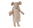 Maileg mum mouse toy in a wedding dress holding flowers on a white background