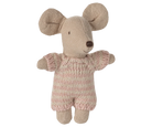 Knitted mouse toy with a pink sweater on a white background