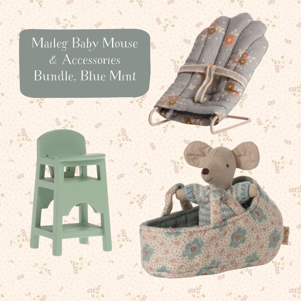 Maileg Baby Mouse & Accessories Bundle with high chair, blanket, and mouse in a basket on a floral background.