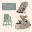 Maileg Baby Mouse & Accessories Bundle with high chair, blanket, and mouse in a basket on a floral background.
