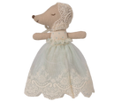 Stuffed maileg mouse toy with a lace dress on a white background