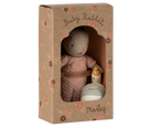 Knitted baby rabbit toy in a decorative box with 'Maileg' branding.