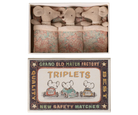 Matchbox with toy mice and vintage matchbox label on a white background