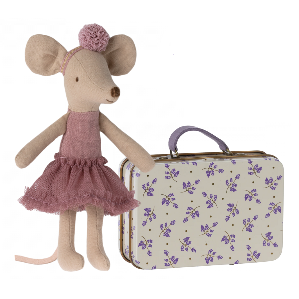 A ballerina mouse in a pink outfit with a removable tulle skirt and a pom-pom headband, accompanied by a miniature suitcase with a floral design in lavender and gray tones.