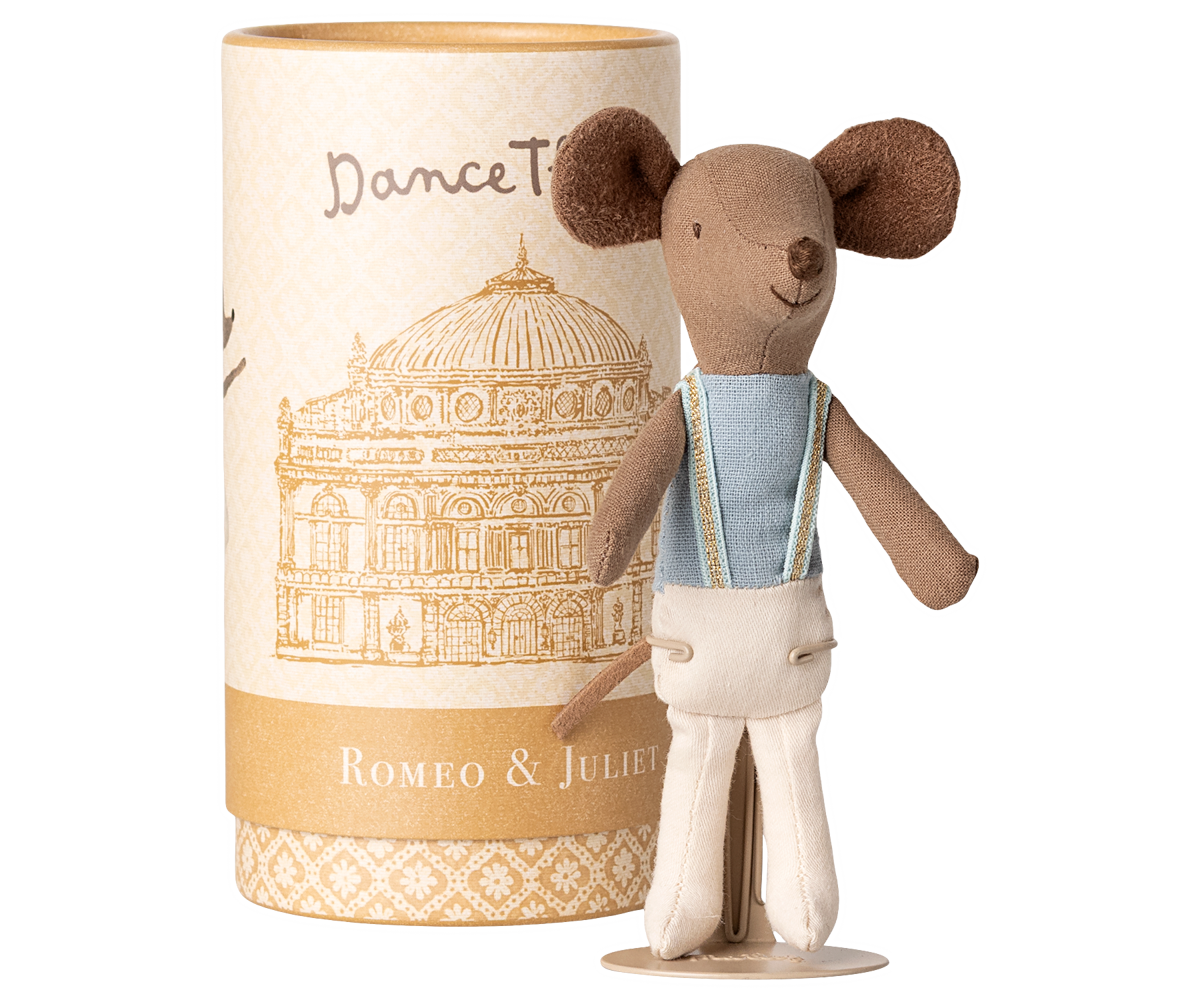 Stuffed mouse toy with a cylindrical packaging featuring architectural design and text.