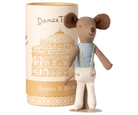 Stuffed mouse toy with a cylindrical packaging featuring architectural design and text.