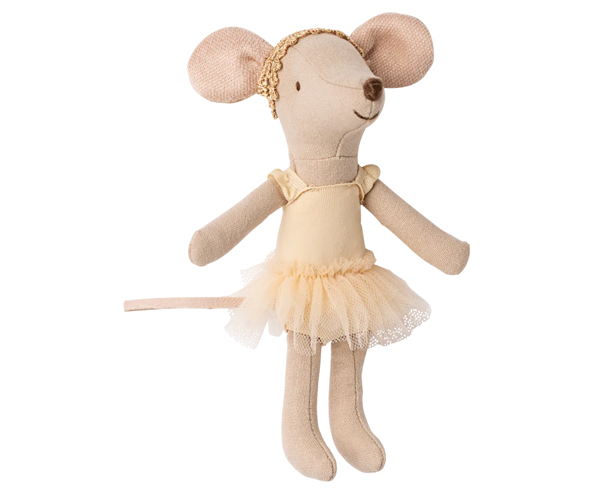Stuffed Maileg mouse toy in a ballerina outfit on a white background