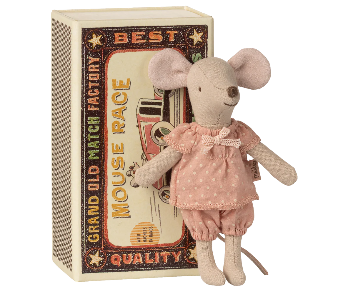 Stuffed Maileg mouse toy in a decorative vintage style matchbox with text