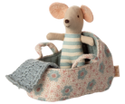 Stuffed Maileg mouse toy in a floral baby carriage with a blue blanket on a white background