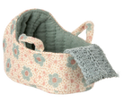 Maileg miniature Floral-patterned baby mouse carrycot with a textured blanket on a white background