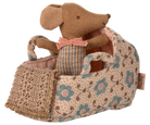 Stuffed mouse toy with a floral-patterned bag on a white background