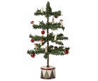 Decorative miniature Christmas tree for a dolls house with red ornaments and candles on a white background