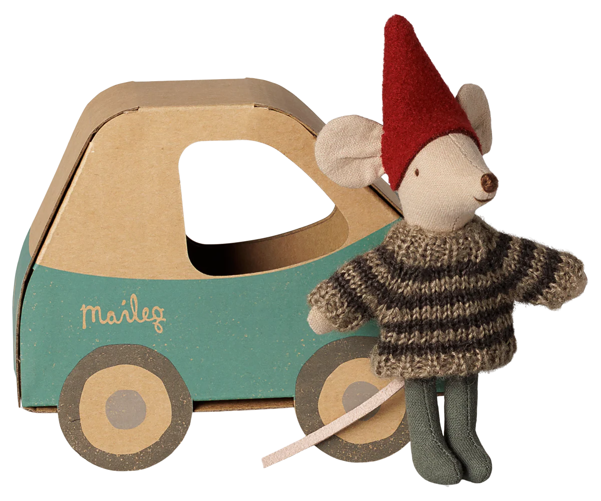 A Maileg brand wooden toy car with a plush mouse doll dressed in a brown knit sweater and red pointed hat, shown on a plain white background.