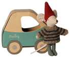 A Maileg brand wooden toy car with a plush mouse doll dressed in a brown knit sweater and red pointed hat, shown on a plain white background.