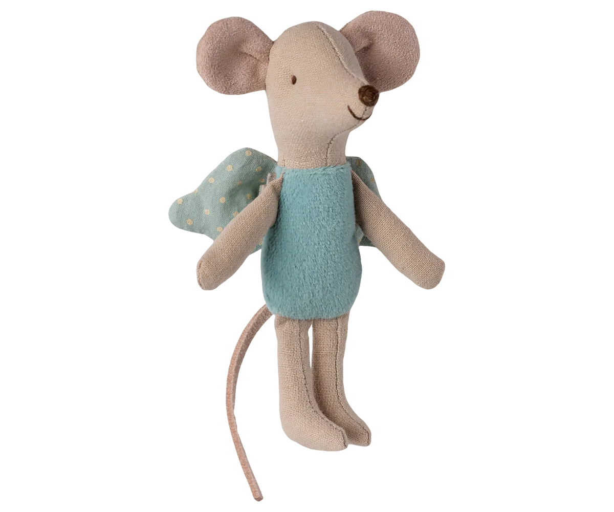 Maileg Stuffed mouse toy with a light blue dress on a white background